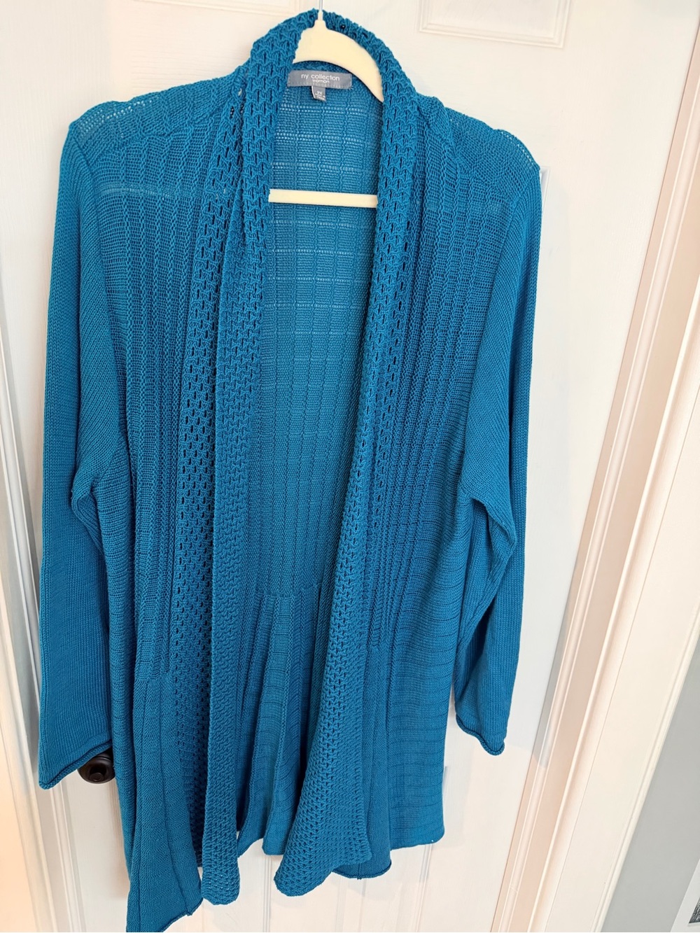 NY Collection Woman Turquoise Open Knit Cardigan 2X Boho Lightweight Duster - Picture 2 of 5